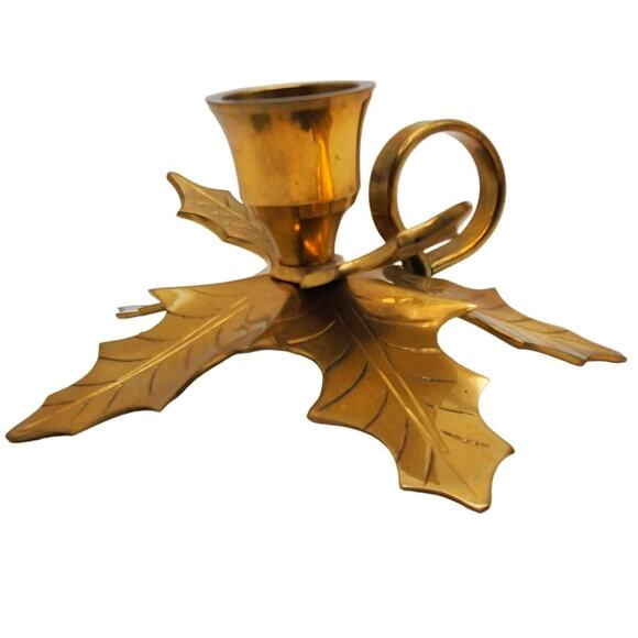 Brass Taper Candle Holder Leaf Autumn Rustic Table Holiday Decor Chamberstick - Picture 1 of 8